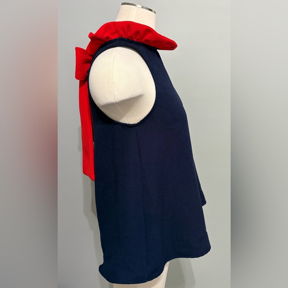 Tuckernuck Pomander Place Mason Ruffle Bow Tie Blouse Navy and Red Size XS - Picture 6 of 8